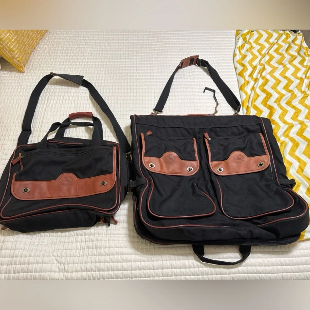 Vintage Eddie Bauer Leather +Canvas Hanging Garment Bag & Matching Carry Bag Set